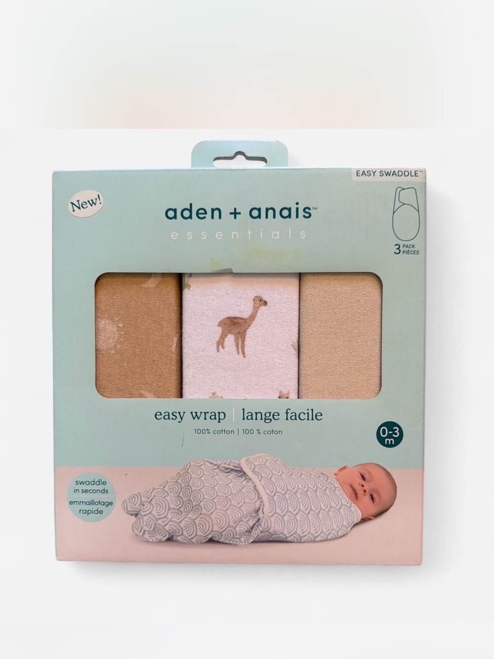 aden + anais Essentials 3-Pack Easy Wrap Swaddles - Brown, Pink, Tan- New